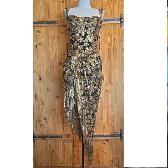 For Love And Lemons Anisa Black and Gold Midi Dress - Picture 3 of 8